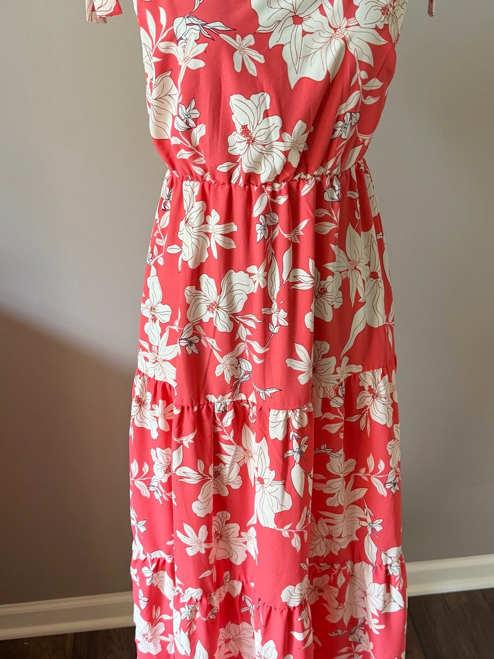 Floral Tiered Maxi Dress in Coral and White